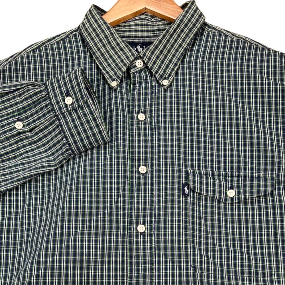 Ralph Lauren Button‎ Down Shirt Mens XXL Green Navy Plaid Long Sleeve Creek PONY